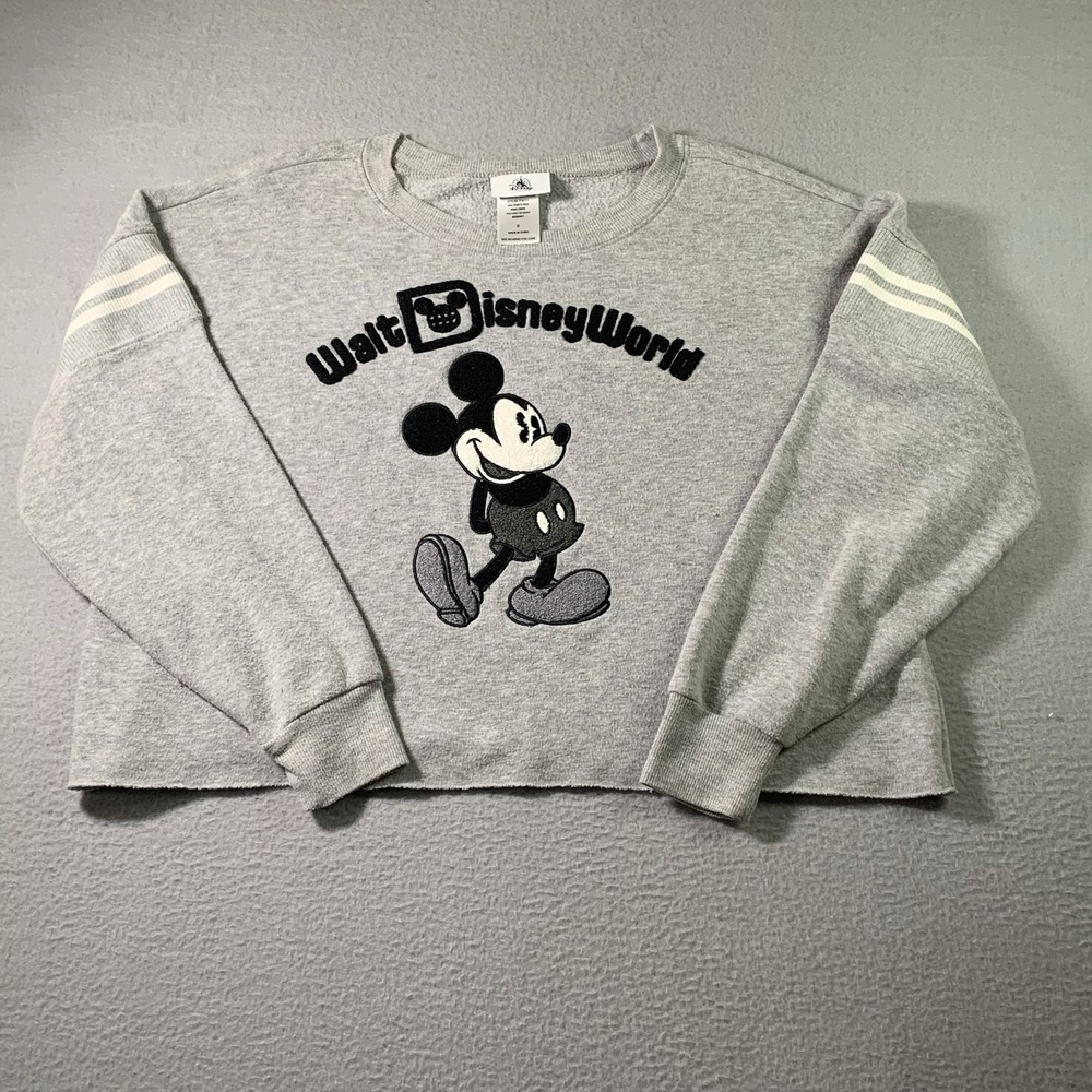 Walt Disney World Women's Small Gray Cropped Mickey Mouse Crew Sweatshirt